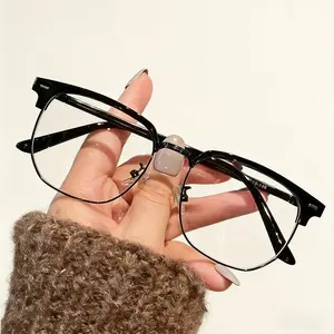 Trendy Browline Square Glasses Semi-Rimless Metal Plastic Frame Fashion Optical Eyeglasses for Women Men