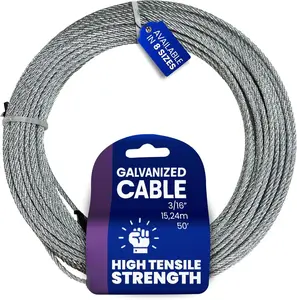 Galvanized Steel   3/16 in x 50 FT 7X19 Core Flexible  Wire for Fencing, Clothesline, Deck Railing, Pulley, Winch Loop Rope with 840 LBS Working Load Limit for Home and Industrial Use