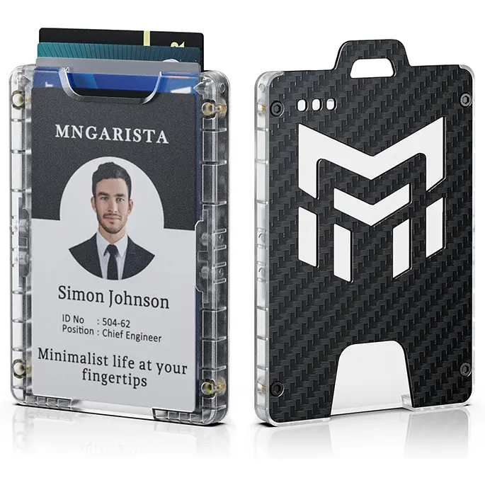 MNGARISTA Vertical Badge Holder - 0.28in Thick All PC Polycarbonate Housing, Transparent Window, 5-Card Capacity, 26g, Built-in Elastic Clip, Carbon Fiber, 4-Locking Points System, Lanyard Slot, Work Accessories for Office, Commute