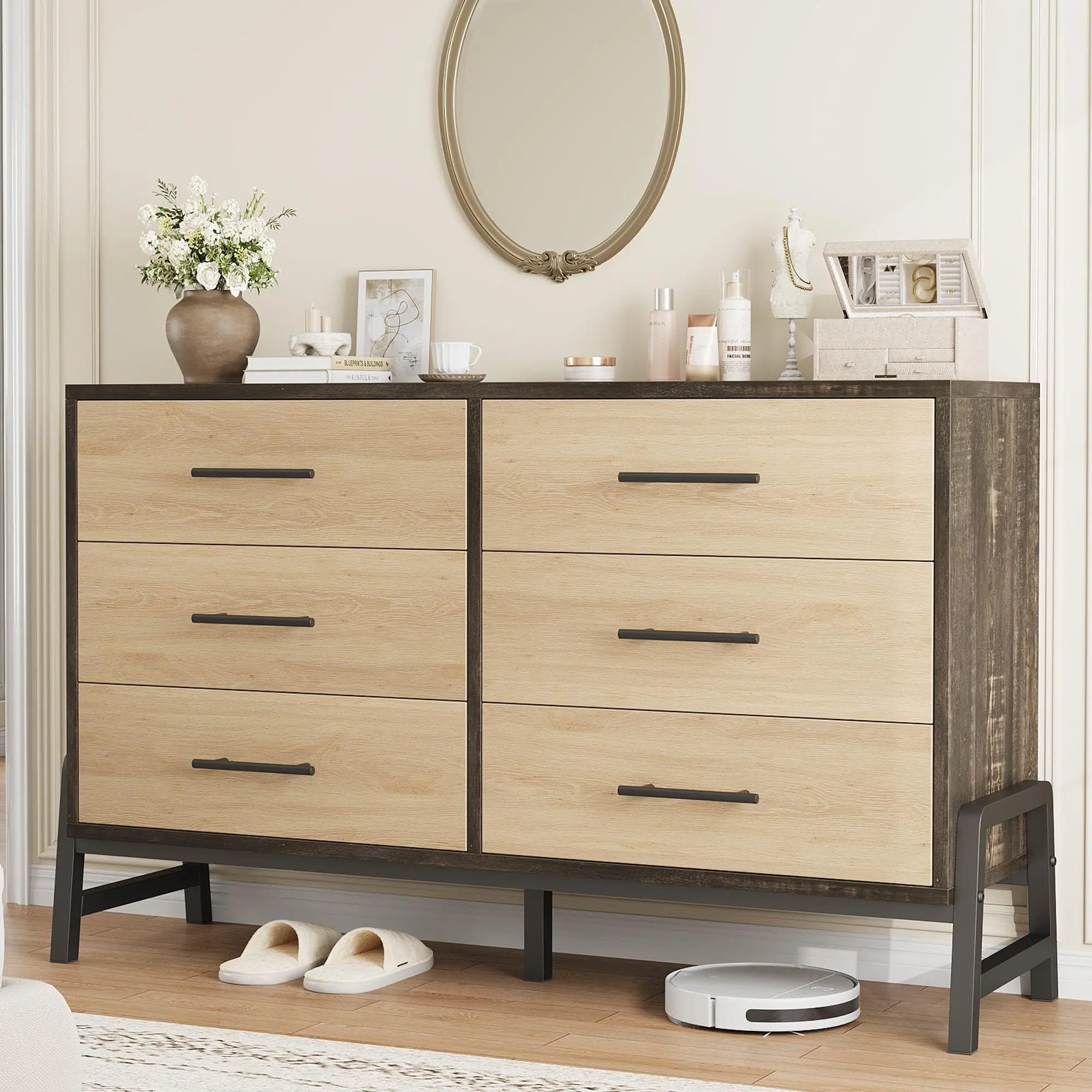 Rectangular Modern Natural Oak 6-Drawer Dresser Chest - 52-in Wide Freestanding Wooden Storage Unit for Bedroom, Living Room
