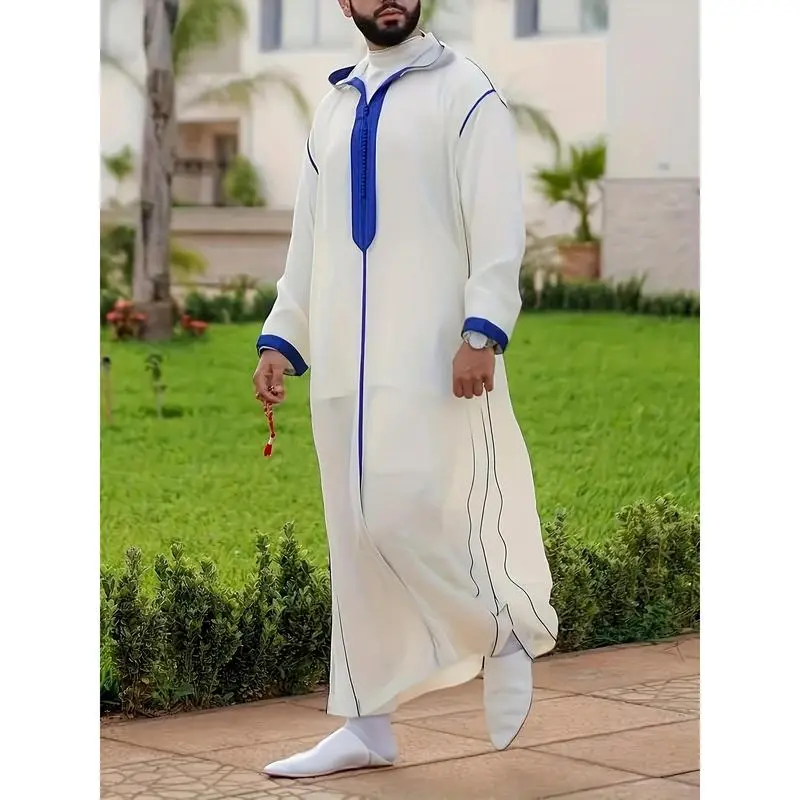 Men's Moroccan-Style Kaftan Dress - Green & Golden Striped, Lightweight Polyester, Long Sleeve, Loose Fit, Elegant Outfit for Spring/Fall, Gift Idea