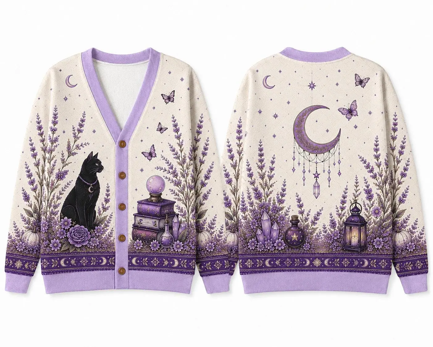 Gothic Cardigan Sweater, Witchy Moon Black Cat Design, Knit Cardigan, Lavender Floral Mystic Style, Cozy Autumn Outfit, Gift for Her