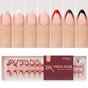 Beetles French Press On Nails Almond,Square French, Pre-Applied Primer, No Need to File Fake Nails Extensions Red Pink Pre-Applied Primer Glue on Nails Tips Manicure #Summervibes