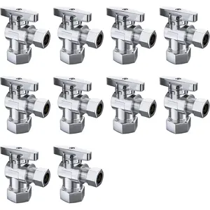 10 Pack Chrome Quarter Turn Angle Stop Shut Off Valve, 1/2" Nominal Comp (5/8"OD Comp Fits 1/2" Copper Pipe) X 3/8'' OD Compression Elbow Valve
