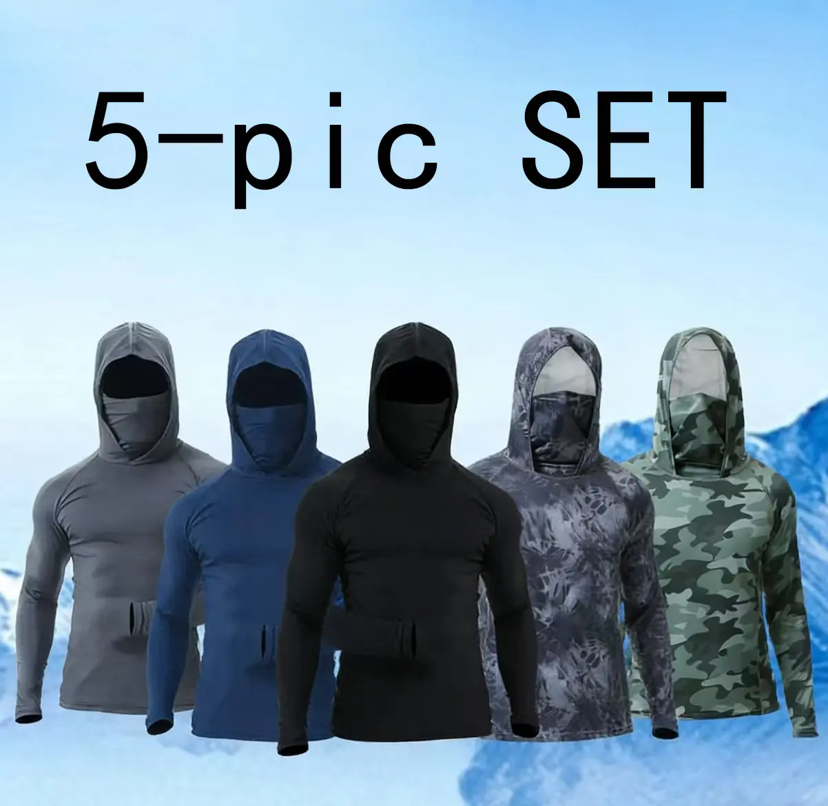 Men's 5-Piece Quick-Dry & Breathable Activewear Set with Long Sleeve Sun Protection Hoodie, Built-in Face Mask, and Activewear T-Shirt for Fishing & Gym Workouts Gym Athletic Clothes Gym Outfits