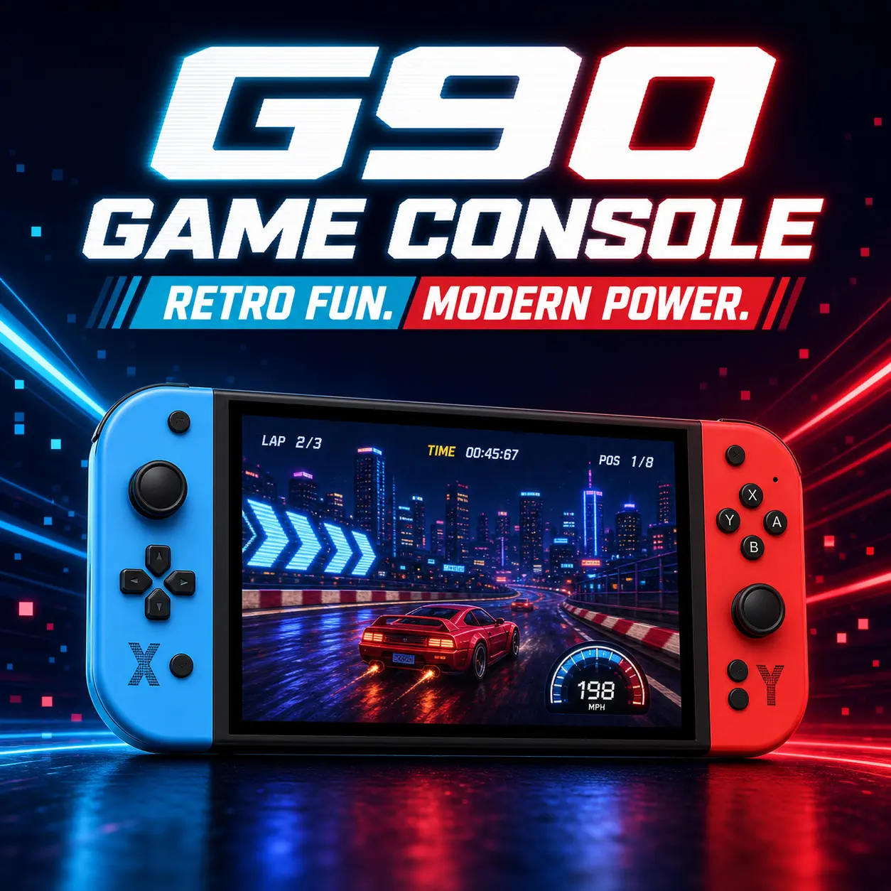 Handheld Game Console G90 - 7.0 Inch HD IPS Display, 64GB, 4000mAh, Built-in Retro Arcade Games, Linux System, Rechargeable Battery, Portable Gaming Player, Supports HDMI & Dual Players (Red and Blue）