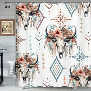 Western Shower Curtain, Native   American  Pattern Western Boho Fabric Bath Curtains, Triangular Geometric Vintage Fabric Bathroom Decor Set With Hooks