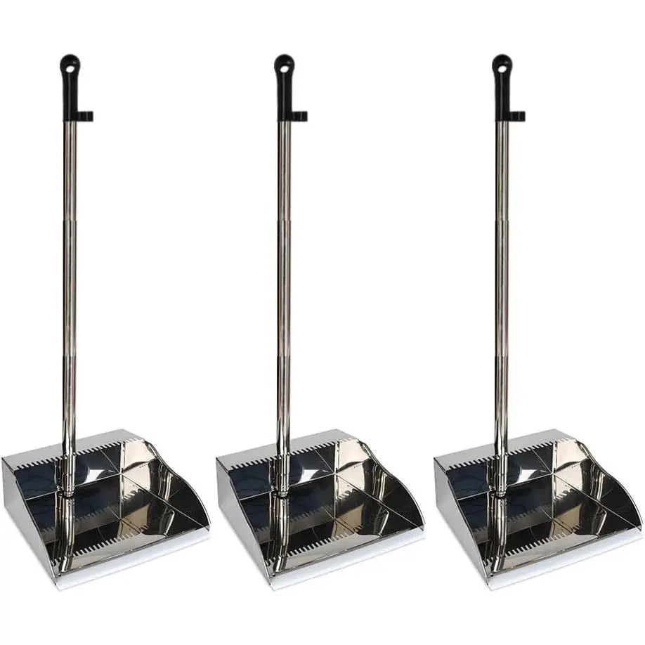3 Pack Dustpan - Stainless Steel Heavy-Duty Metal Dustpan with Rubber Edge, Adjustable Height 36 in Handle, Upright Cleaning Tool for Kitchen, Home Use