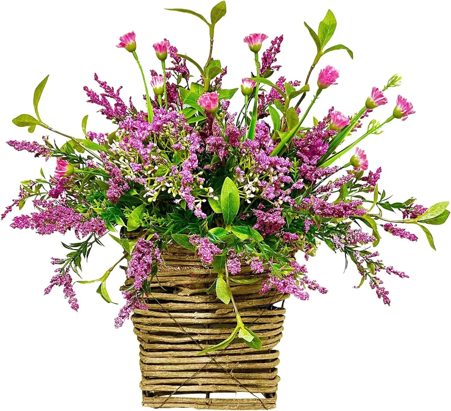 Wildflower Door Hanging Basket, Spring Front Door Wreath for Porch Farmhouse Decor, Artificial Seasonal Flowers Hanging Ornament (Wildflower)
