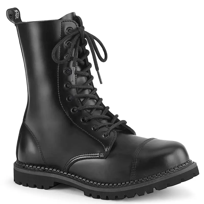 Demonia Men's Riot-10 Black Leather Plain Steel-Toe Guard Zipper Boot - Ankle Height, Rubber Sole, Cuban Heel, Full-Length Inside Zip, Lace-Up, Round Toe, Casual Footwear