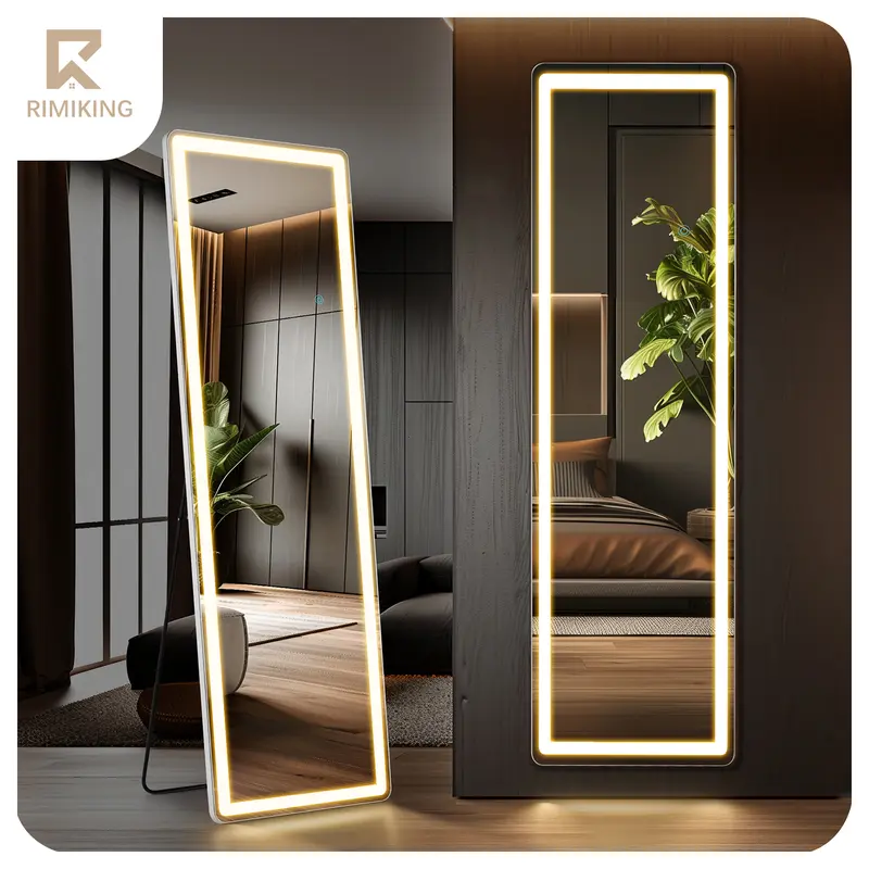 RIMIKING Nano LED Lighted Full Body Touch Screen Mirror - 16''W-60''L White, Dimmable Brightness, Adjustable Color Temperature, HD Glass, Stable Stand, Supportive Hinge, Living Room Decor, Vanity Use, Versatile Decorating Option, 2164N (Father's Day Gift)