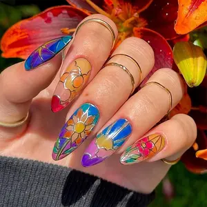Colorful Window Glass Style Fake Nails Kit, 24pcs Flower & Sun & Star Pattern Short Press on Nails for Women & Girls, Removable Elegant Stick on Nails Kit
