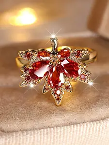 An Elegant And Stylish Red Synthetic Zirconia Maple Leaf Ring, Perfect for Women As an Engagement Ring And Suitable for Wearing at Wedding Banquets