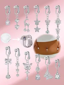 Non-Piercing Cz Embellishment Fake Belly Rings with Butterfly Clip On, Elegant Party Accessory with Silicone Padding, Fake Belly Piercing