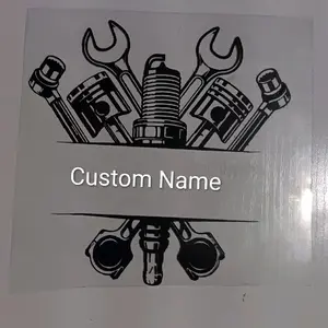 Mechanic Logo Custom Name Sticker with Tools and Pistons Design for Car Enthusiasts