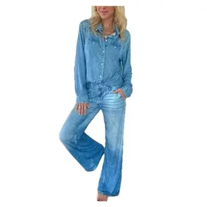 Women's two-piece set - front-button placket long-sleeved shirt + high-waisted flare wide-leg pants. Fashionable and casual, elastic daily street wear set.