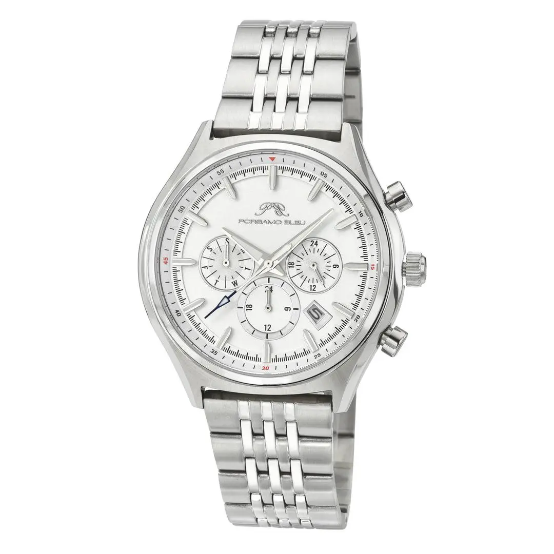 PORSAMO BLEU Charlie Men's Watch - Silver Tone Stainless Steel Bracelet, Silver Dial, Day & Date Display, Sapphire Crystal