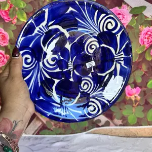 Round Plate of Deep Ceramic Azul estilo Talavera  10.5 In. Mexican Traditional
