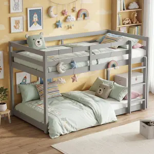 VECELOSolid Rubberwood Twin Low Loft Bunk Bed With Ladder And Guardrails Wood Bed Frame Space-Saving Loft Bed, No Box Spring Needed, Easy Assembly