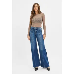 Risen Mid Rise Front Seam Wide Leg Jeans