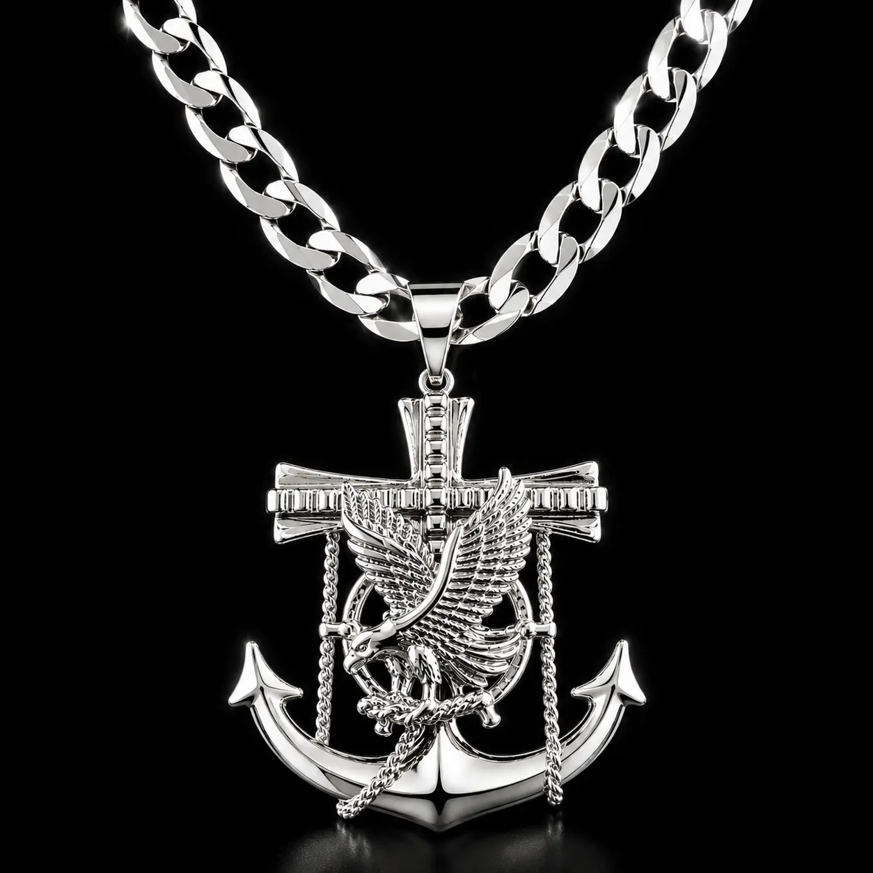 S925 Eagle & Anchor Large Pendant Necklace – 6MM Flat Cuban Chain, 24” Fine Silver Plated