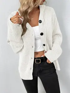 Women's Knitted Hooded Button Front Cardigan, Simple Solid Color Long Sleeve Top, Loose Fit Casual Knit Sweater for Women