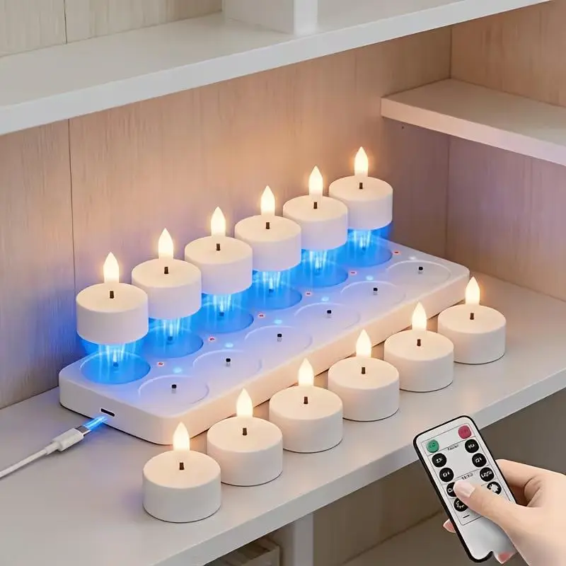 12pcs USB-C Rechargeable Flameless LED Tealight Candles with Remote Control, Charging Station, Timer - ABS Plastic Indoor Decor for Halloween, Christmas Home Table Glass Jars & Candle Holders