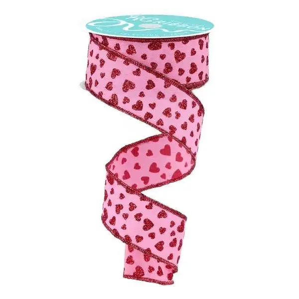 1.5" x 10yd Glitter Mini Heart Ribbon (Pink/Red)