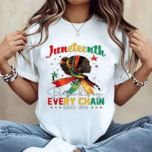 Women’s Casual Short Sleeve T-Shirt Juneteenth "Breaking Every Chain" African Heritage Art Print White Crew Neck Tee