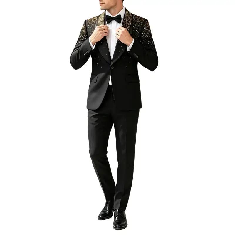 Men's 2 Pieces Suit, Slim Fit Double Breasted Tuxedo, Blazer & Pants Outfit with Handmade Crystal Rhinestones