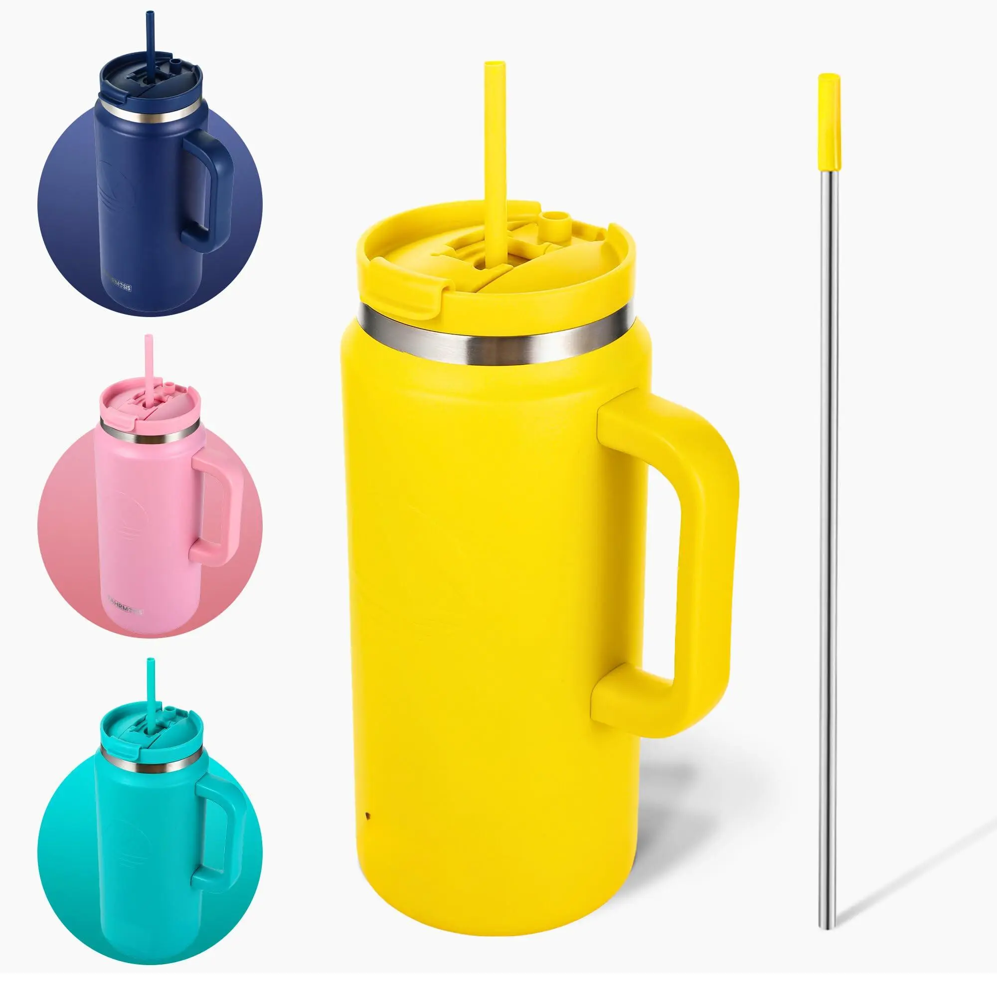 64 Oz Tumbler With Handle And Straw Half Gallon Water Bottle Stainless Steel Travel Mug For Hot & Cold Drinks  Reusable Lids - Yellow