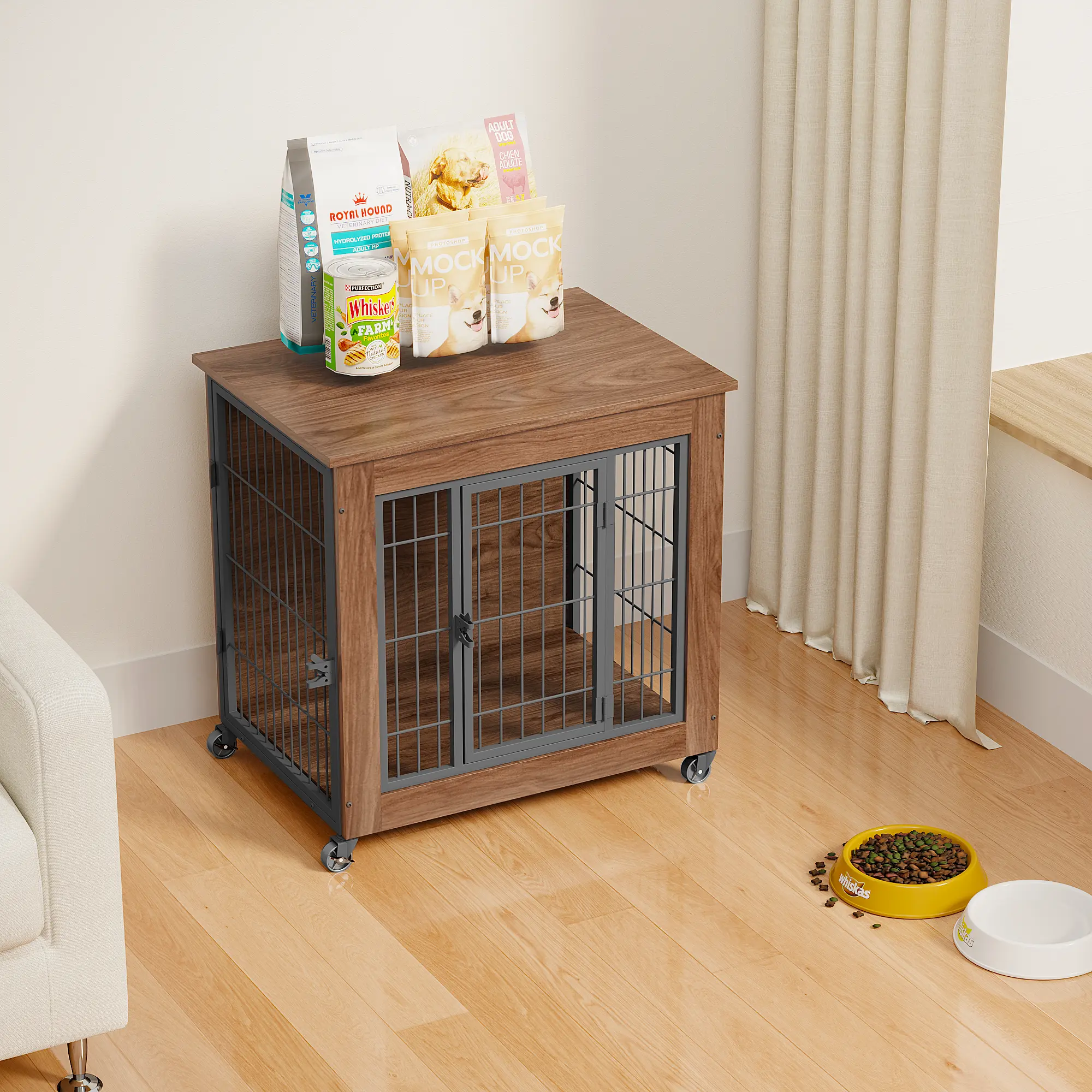 27.2 Dog Crate Furniture With Wheels For Small Dogs, Heavy Duty Dog Kennel Indoor With 2 Doors, Wooden Pet Cage End Table, Double-Doors Sturdy Metal Dog Cage For Anxiety Dog
