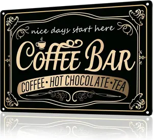 Coffee Bar Sign - 12 × 8'' Vintage Metal Signs with Coffee Hot Chocolate and Tea Coffee Signs for Coffee Station Home Kitchen Wall Decor, Indoor/Outdoor Use