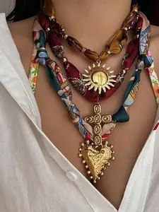 Elegant Cross Sunflower Heart Stainless Steel Pendant Necklace for Women, Unique High-End Cross Chain Design Silk Scarf Chain Jewelry