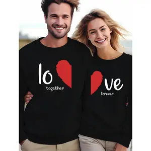 Valentine's Day Couples Sweater "Love Together Love Forever" Print Casual All-Match Long Sleeve Comfortable Loose Pullover for Men Women Spring Fall Gift 100% Cotton