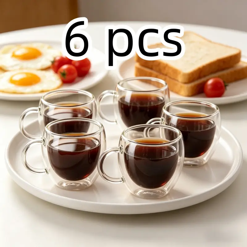 Set of 6 80ml Double-Walled Glass Coffee Cups, Anti-Scald Espresso & Tea Mugs with Handles, Coffee Drinkware, Ideal for Home, Office & Coffee Shop Use, Glass Drinking Cup
