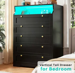 RaybeeFurniture 5-6 Drawer Dresser with LED Lights for Bedroom, Modern Wood Dresser Chest with Large Storage Organizer, Tall Wide Chest of Drawers for Closet, Living Room, Hallway, Sturdy Wooden Dressers for Small Spaces, Home Decor Furniture