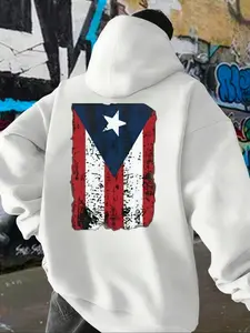 Men's Trendy Hooded Sweatshirt, Graphic Print Hoodie, Casual Streetwear Hoodie, Fashionable Comfortable Flag Print Design, Casual Daily Wear, Fall & Winter Fitted Long Sleeve Top
