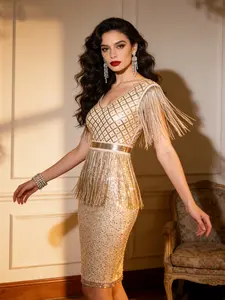 Women's Elegant Two-Layer Dress with Contrast Mesh, Fringe and Sequins, Sleeveless Knee Length, Perfect for Weddings, Concerts, Parties