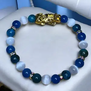 Abundance, Communication, Peace & Protection Bracelet. Kyanite Selenite & Blue Apatite 8mm Bead Stretchy with Pixiu and CZ Spacers. Crystal Fashionable Jewelry