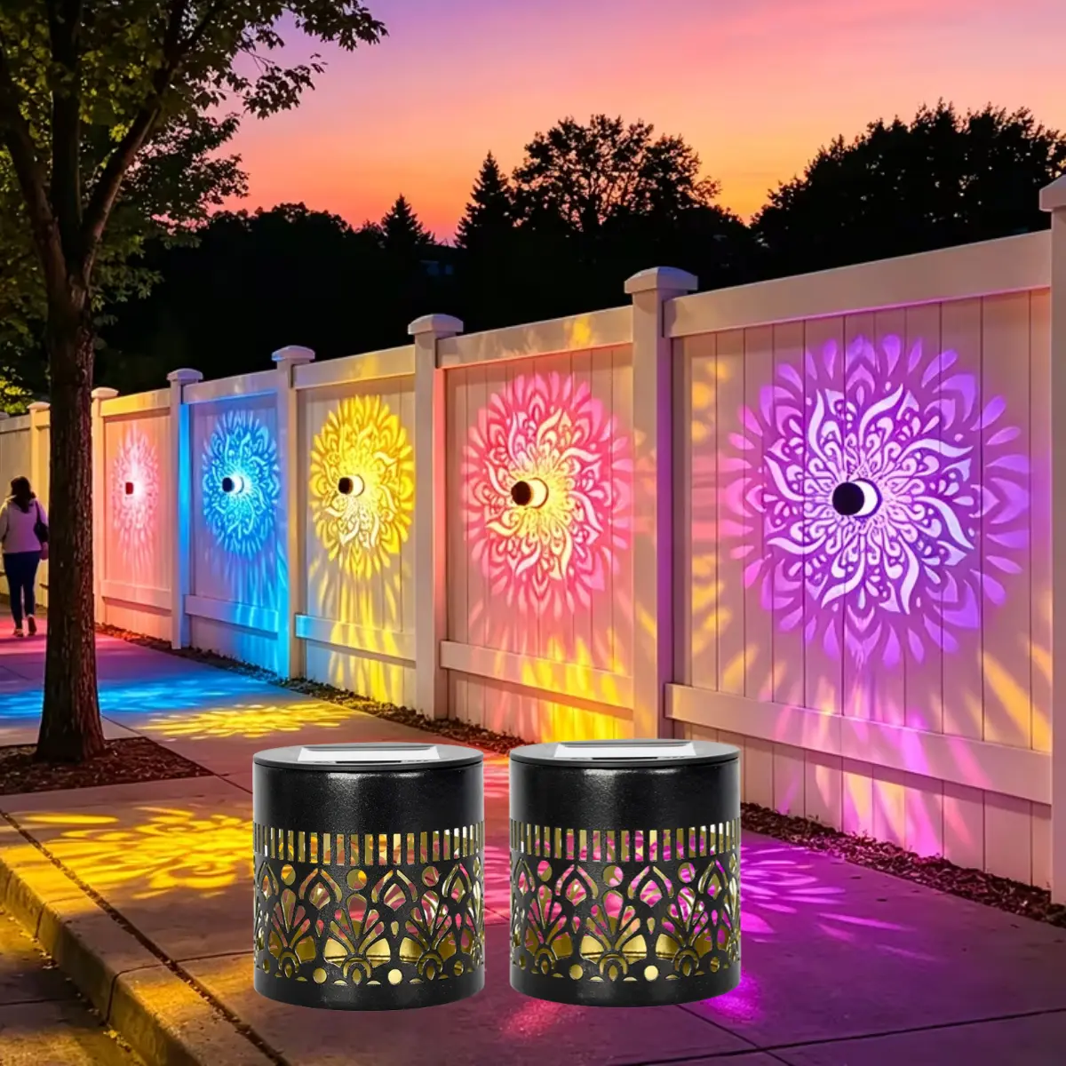 【2pcs RGB Color Changing Outdoor Courtyard Solar Floor Lamp - Mandala Projector Light】Mandala Pattern Solar Exterior Wall Lamp, Holiday Outdoor Theme Fence Lamp for Garden, Backyard Fence, Porch, Garage Outdoor Decoration, Door - Modern Lighting