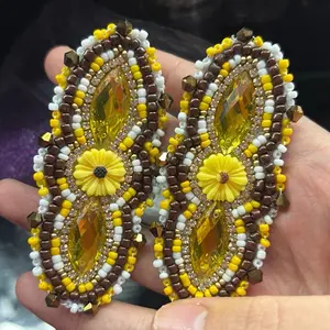 Beaded Earrings with Yellow Floral Design and Brown Accents Beaded Earrings