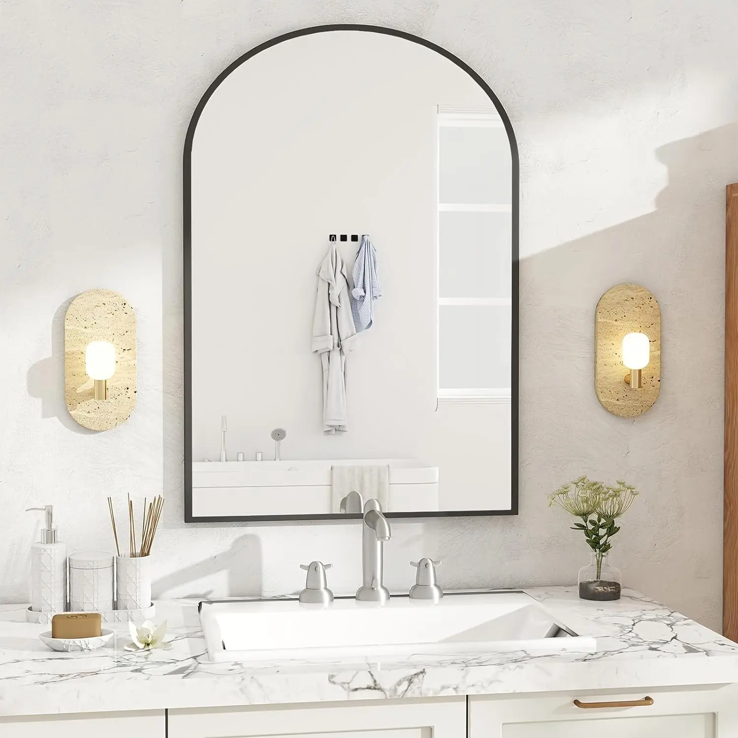 Arch Bathroom Mirror, Wall-Mounted Vanity Mirror, Bathroom Mirror Over Sink with Metal Frame Shatter-Proof, Modern Home Decor Mirror for Bedroom, Living Room