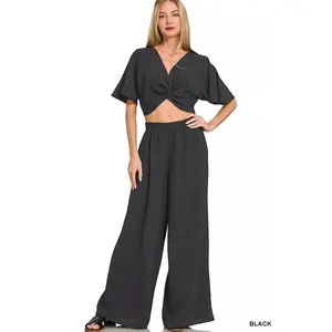 Zenana Woven Airflow Twisted Top & Wide Leg Pants Set