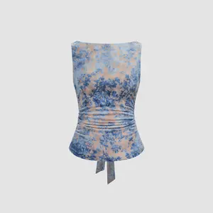 Cider [3 colors, size 0-10] Boat Neck Floral Knotted Ruched Crop Tank Top