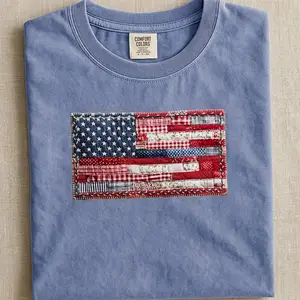 Patchwork American flag t-shirt, Comfort Colors American flag print t-shirt, Patriotic gift for Independence Day July 4th, Cottagecore style American flag t-shirt for women