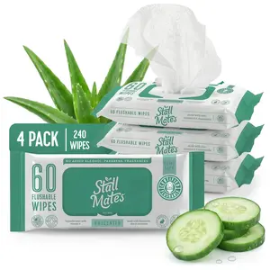 Stall Mates Flushable Wipes 60-Wipe Home Pack Hypoallergenic Unscented with Vitamin-E & Aloe 4-Pack 240 Wipes Total Made in USA Natural Ingredients, Toilet Wipes, Family Pack,