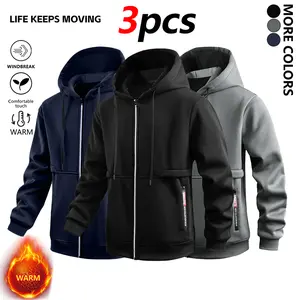 Men's Solid Color Zip-Up Hoodie Men's Zip-Up Hooded Jacket Casual Top with Zipper Design Minimalist Style Solid Color Fleece Lined Spring and Autumn Breathable Midweight Coat