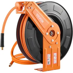 VEVOR Retractable Air Hose Reel, 3/8IN x 100FT Rubber Air Hose Max 300PSI, Air Compressor Hose Reel Auto-Rewind with 5FT Lead in, Ceiling/Wall Mount Heavy Duty Single Arm Steel Reel, 1/4" NPT Fitting