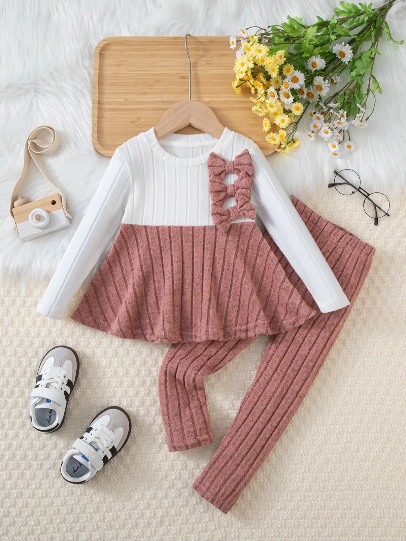 2-piece fashion autumn/winter set for infants and toddlers with bow-tie detailing, long sleeves and long trousers cute elegant girls' casual pullover
